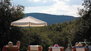 A poolside area with lounge chairs and an umbrella, overlooking a mountainous landscape. - Lasnavillasmm (Montefrio)