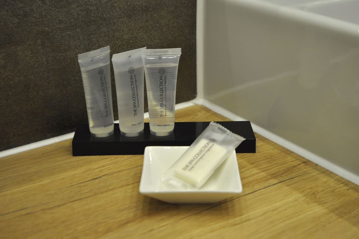 shower, free toiletries, hair dryer, towels