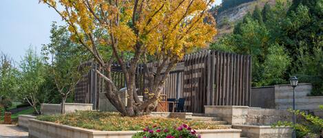 A landscaped garden with a large tree, a flower bed, and a wooden fence.