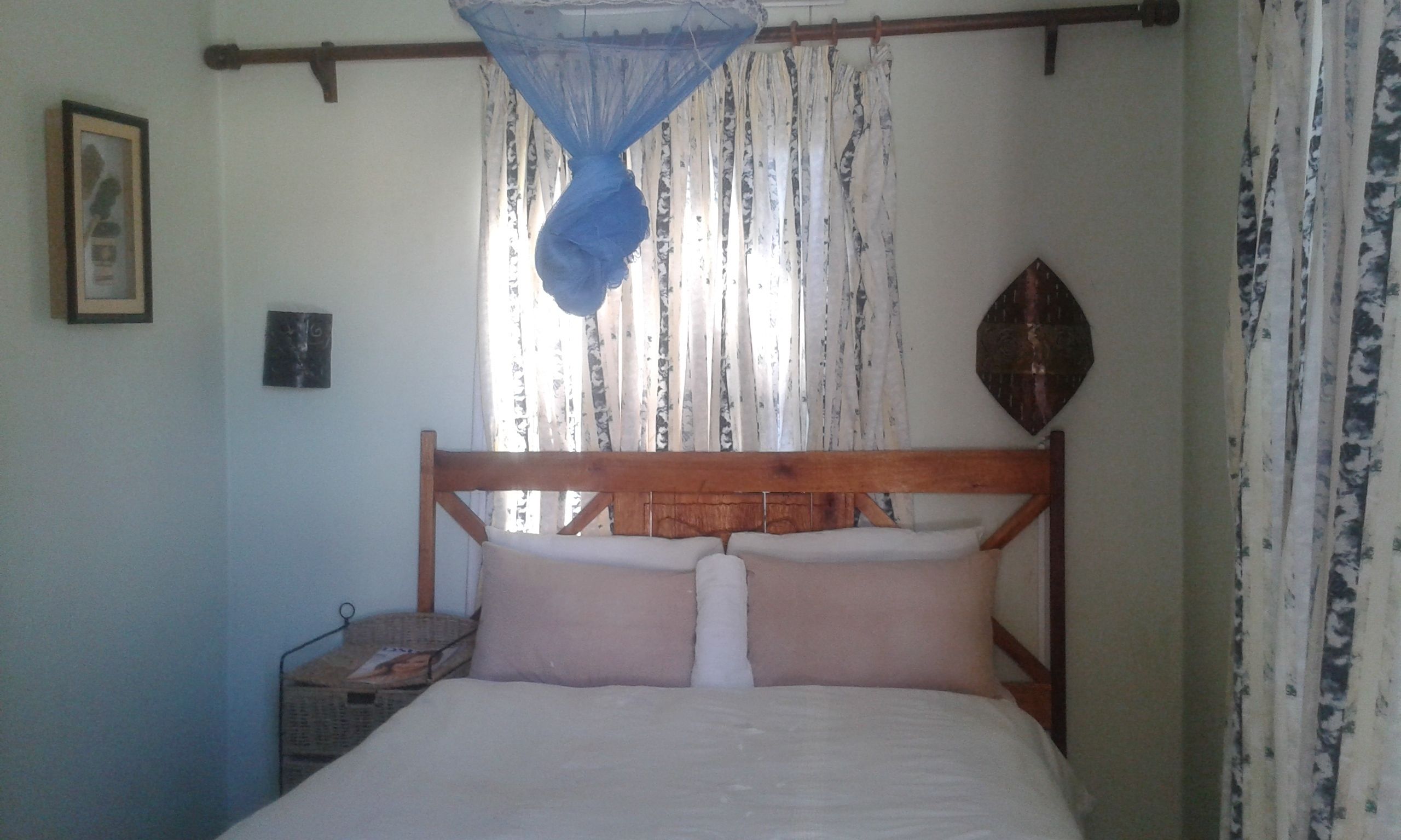Una cama con cabecera de madera, mosquitero y ventana con cortinas estampadas.