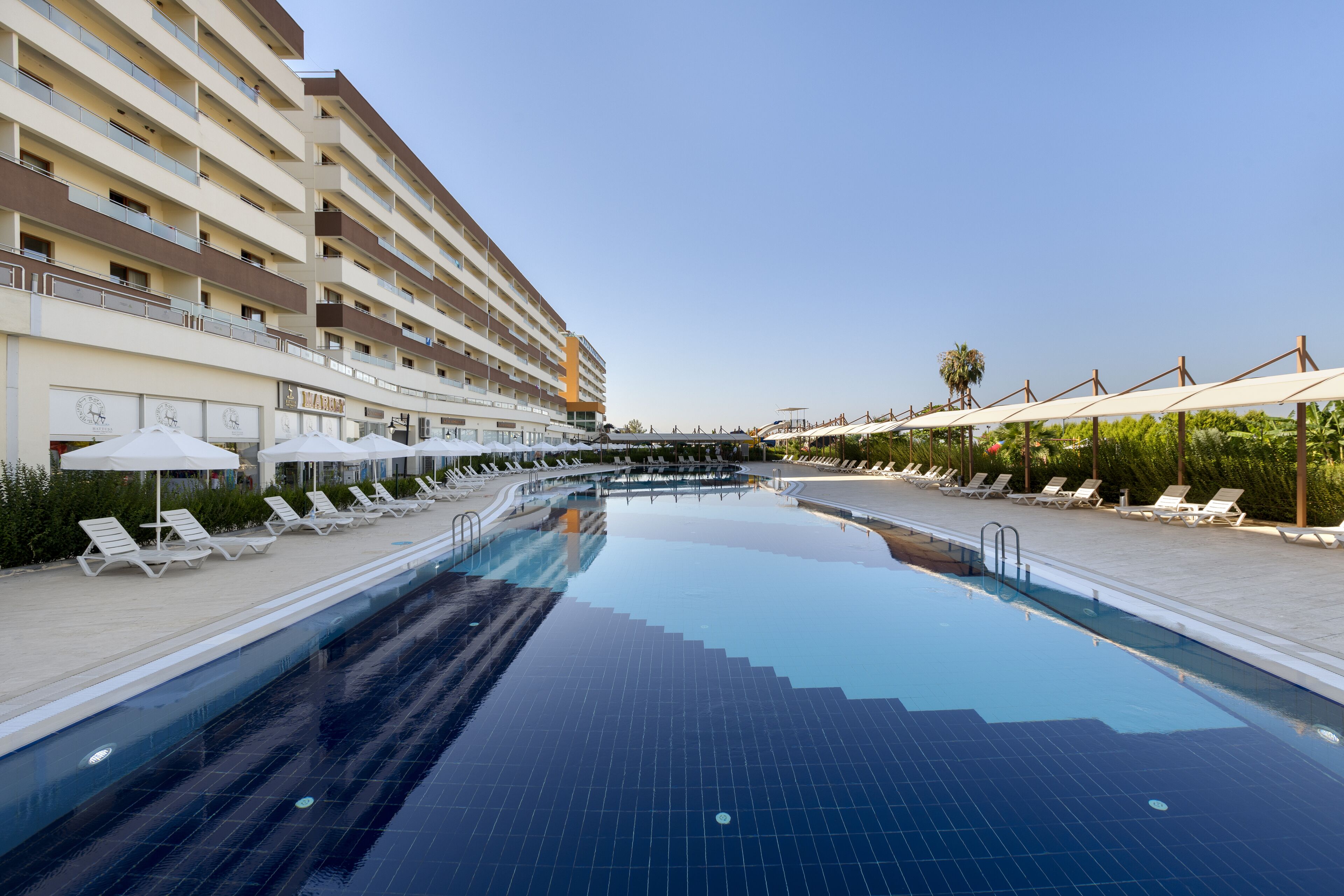 3 indoor pools, seasonal outdoor pool, pool umbrellas, pool loungers