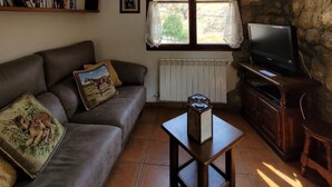 Un salon chaleureux avec un canapé, une table basse, un téléviseur, une bibliothèque et un mur en pierre.