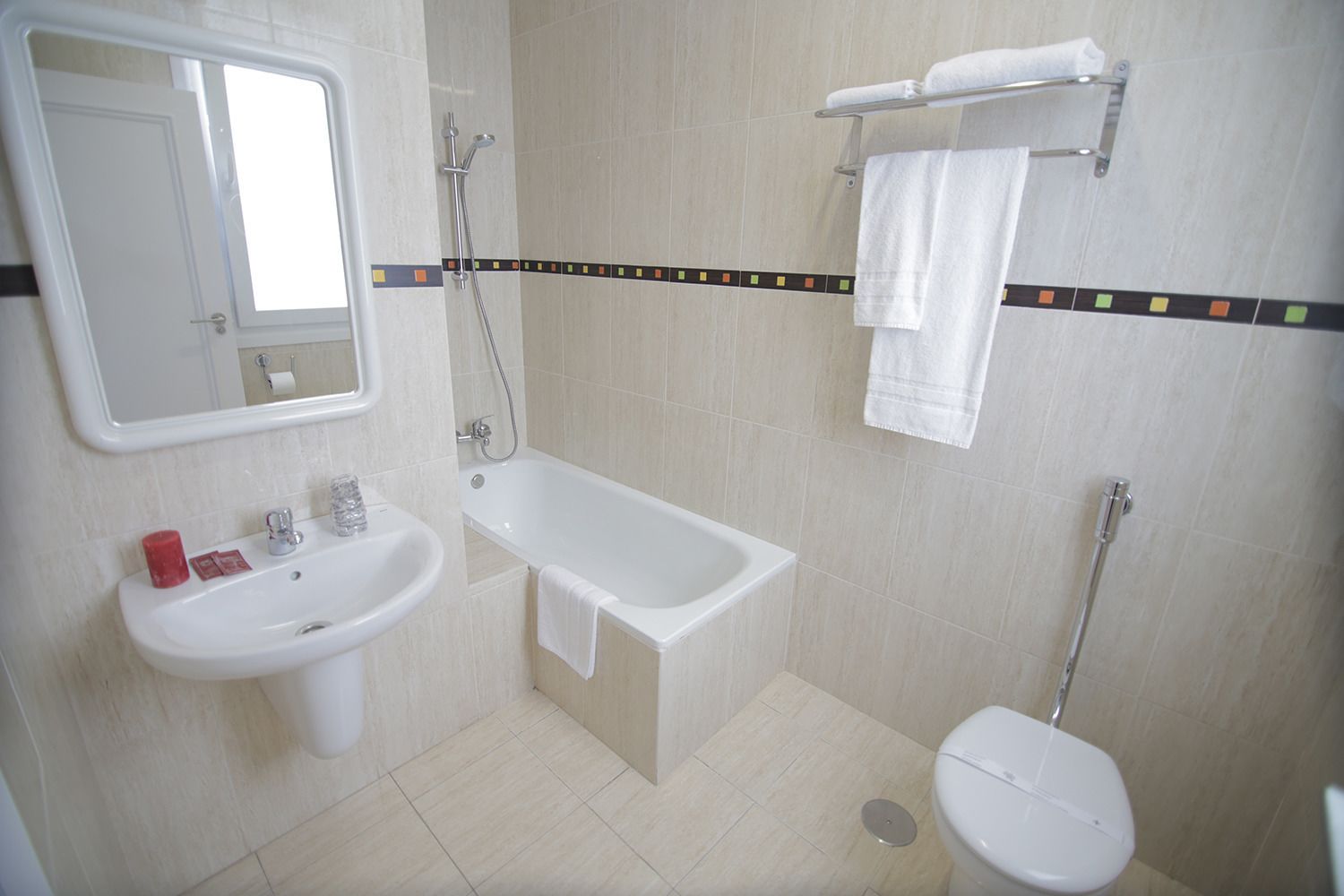 double or twin room | bathroom | hair dryer, towels, soap, toilet paper