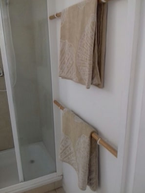 Appartement Standard | Salle de bain | Douche, sèche-cheveux, serviettes fournies