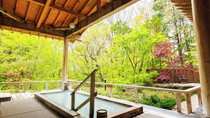 Una struttura in legno con vasca termale, immersa nel verde e circondata da alberi.