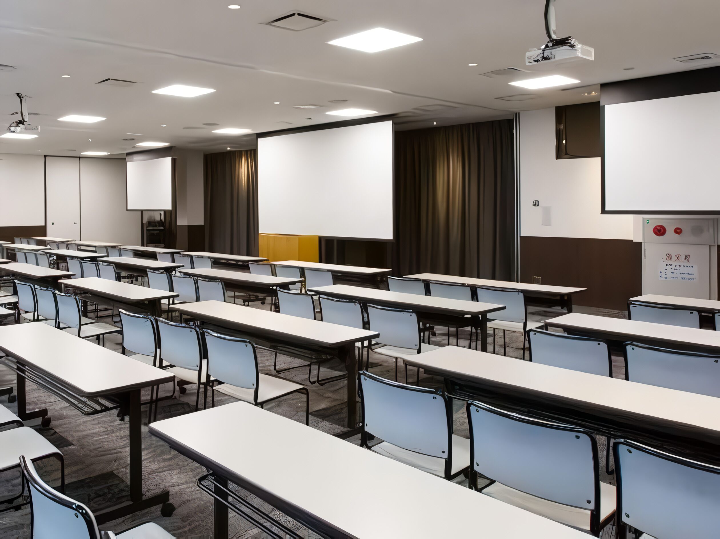 Une salle de conférence avec des rangées de tables et de chaises, un projecteur et un tableau blanc.