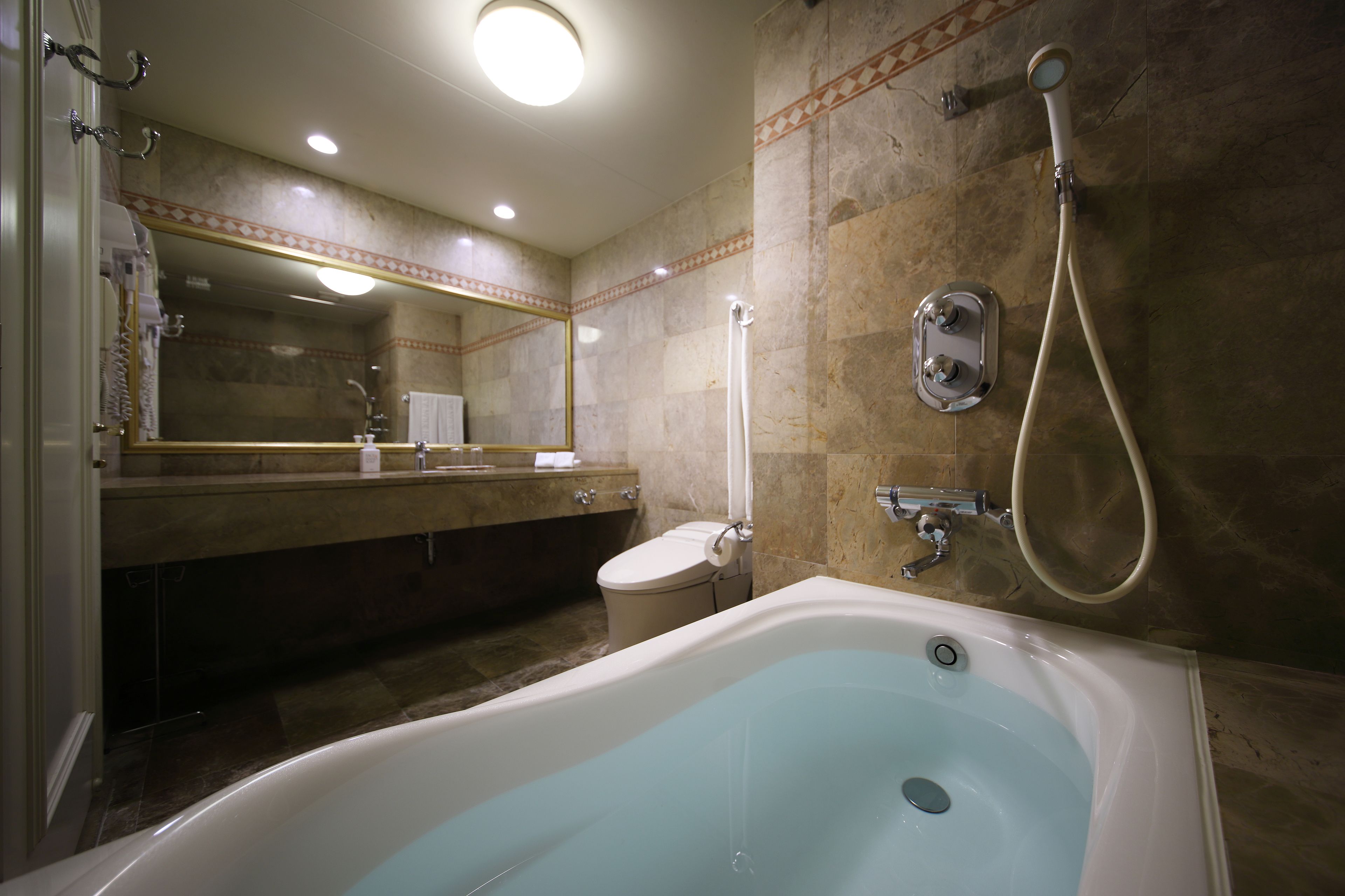 combined shower/bathtub, deep-soaking bathtub, free toiletries