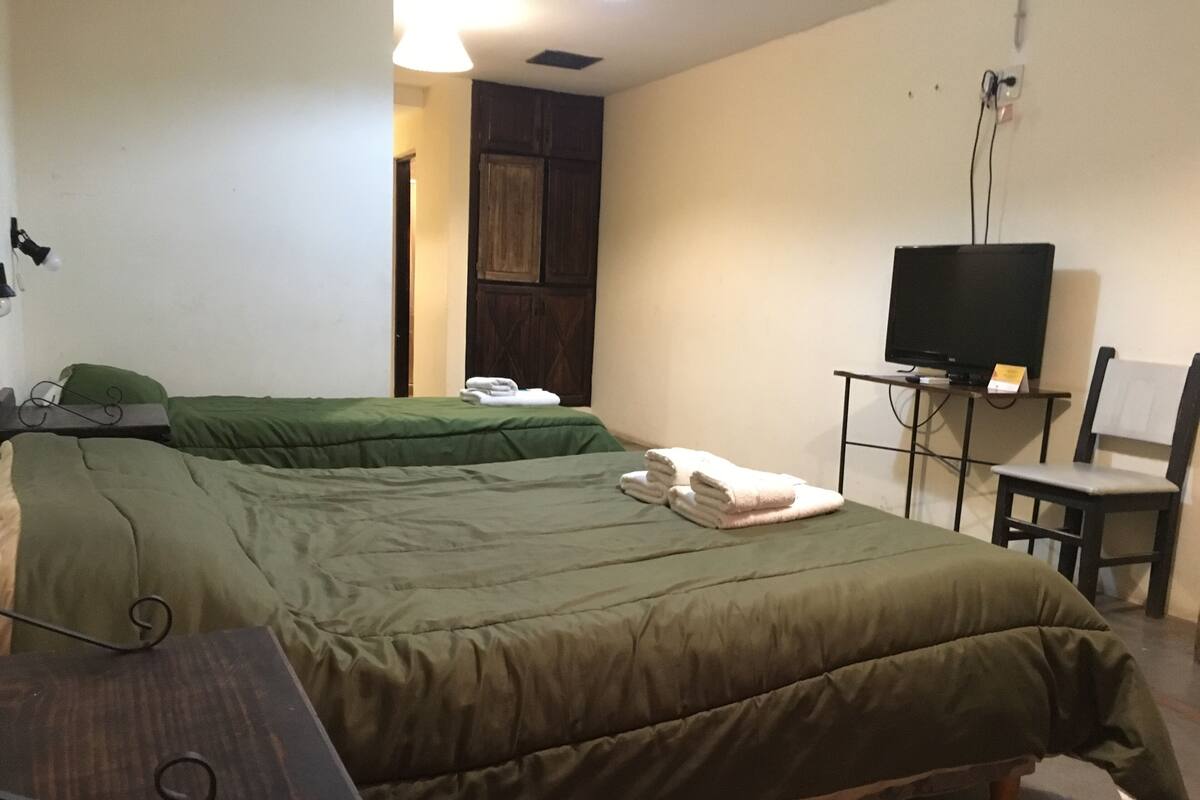 A hotel room with two beds, a TV, a desk, and a chair.