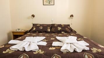 Habitación de hotel con una cama, dos almohadas, una mesita de noche con un teléfono y un cuadro en la pared.