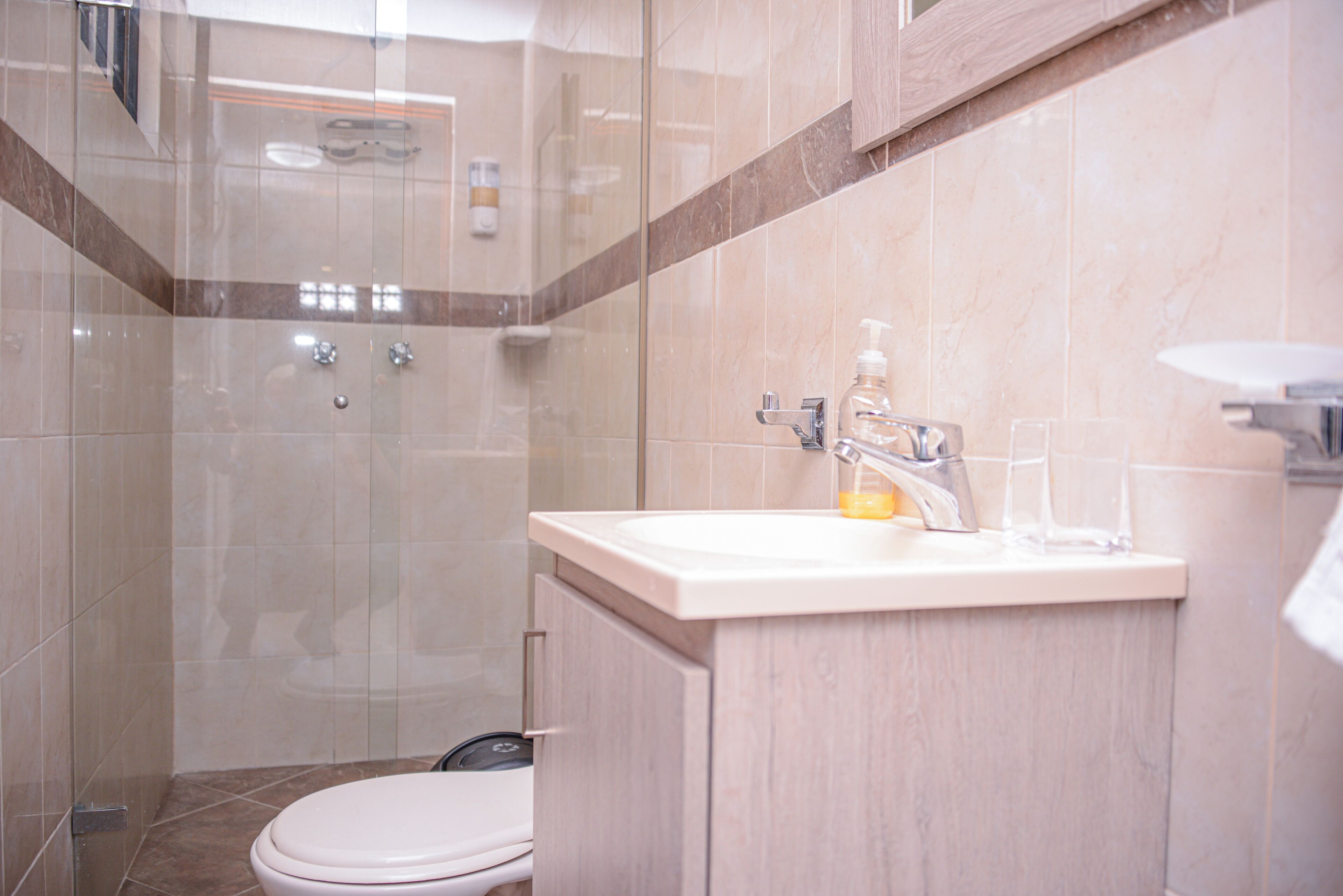 Ein modernes Badezimmer mit einer gläsernen Duschkabine, einem weißen Waschbecken mit Seifenspender und einer Toilette.