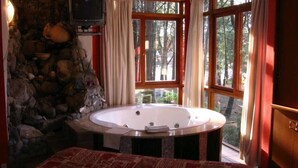 A room with a stone wall, a large window, a bathtub, and a bed with a patterned bedspread. - Le Cuyen Aparts (Mar de Las Pampas)
