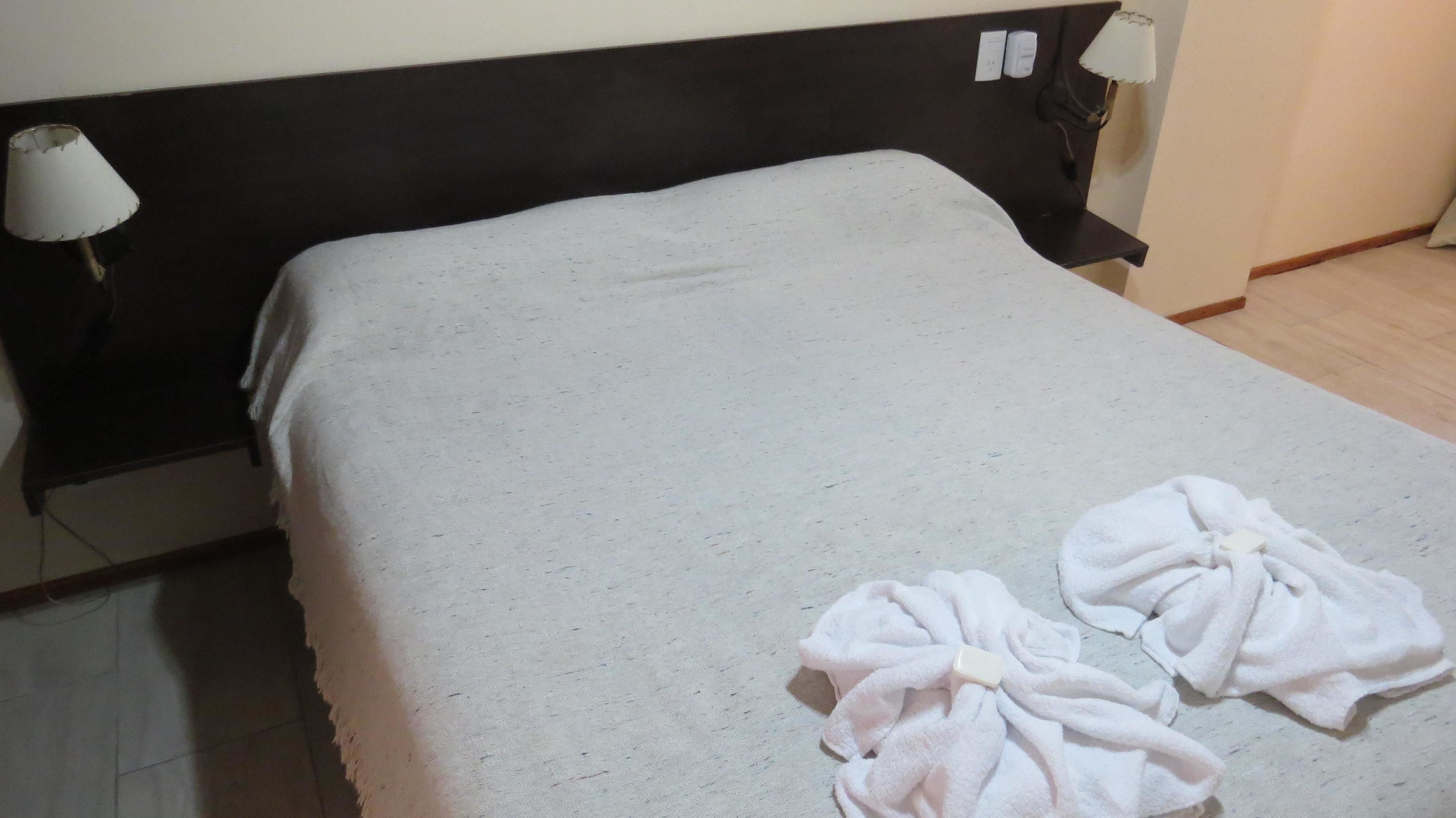 A hotel room with a bed, two bedside lamps, and a wooden headboard.