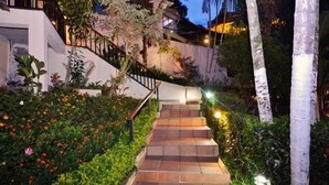 Una escalera bien iluminada que conduce a un edificio de diseño moderno, rodeado de exuberante vegetación y plantas con flores.