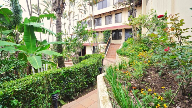 A lush garden with a variety of plants and flowers, a staircase leading to a building, and a pathway. - Casa Reflejos Apartamento 9 (Escazu)