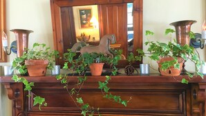Une cheminée ornée d’une étagère sur laquelle sont disposés des pots en terre cuite et des plantes vertes, une porte en bois avec un miroir, et une lampe fixée au mur.