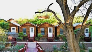 Une rangée de cabanes en bois, agrémentée d’une pancarte « BIENVENUE », un pont en bois et un cadre naturel verdoyant.