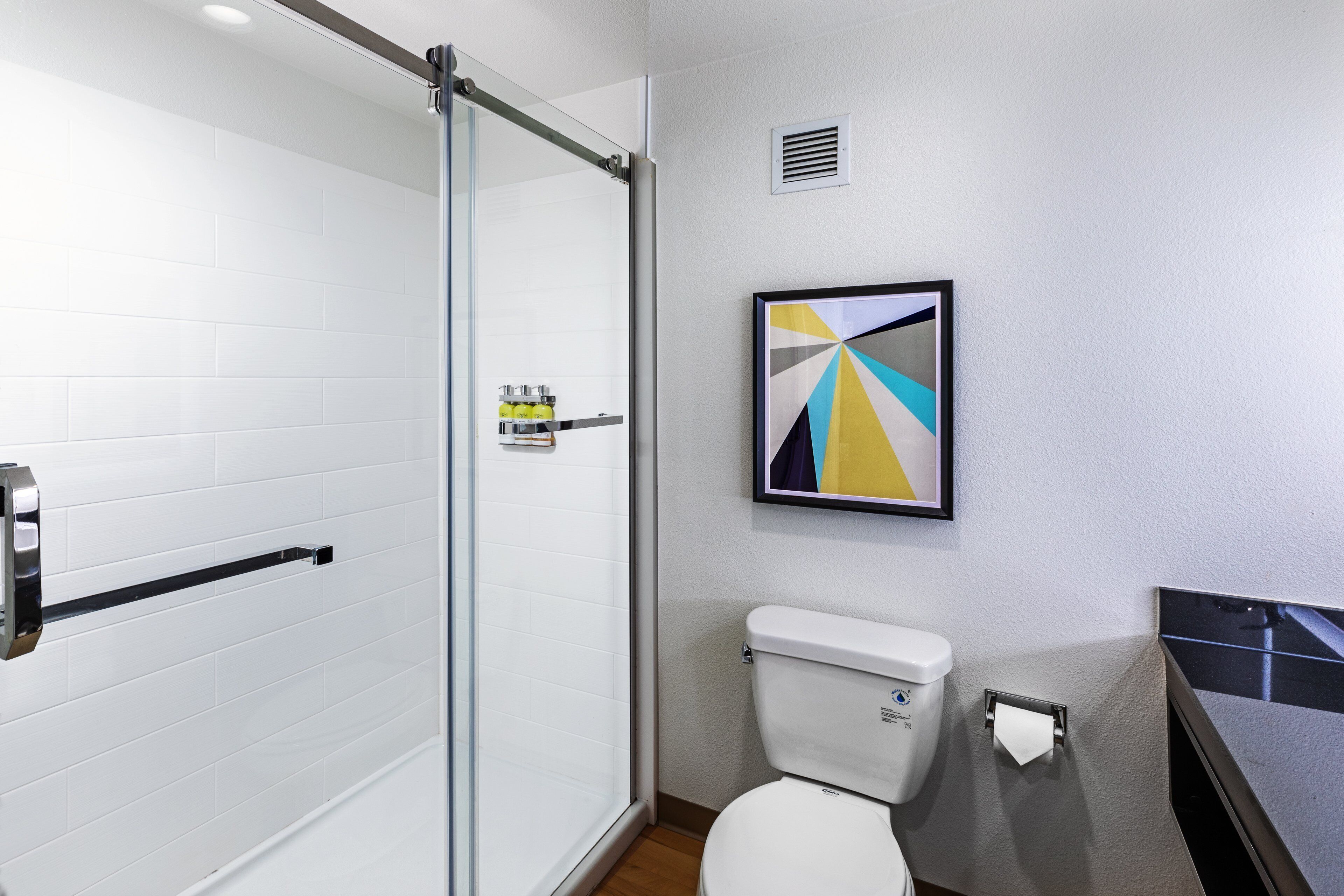 A bathroom with a glass shower door, a toilet, and a framed abstract artwork on the wall.