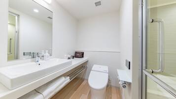Combined shower/tub, free toiletries, hair dryer, slippers