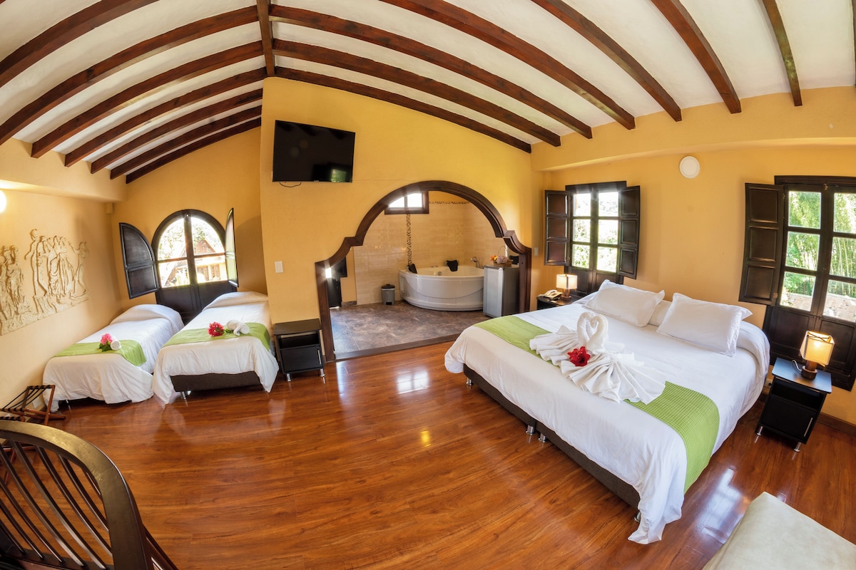 A hotel room with a wooden ceiling, a large bed, a bathtub, and a view of the outdoors.