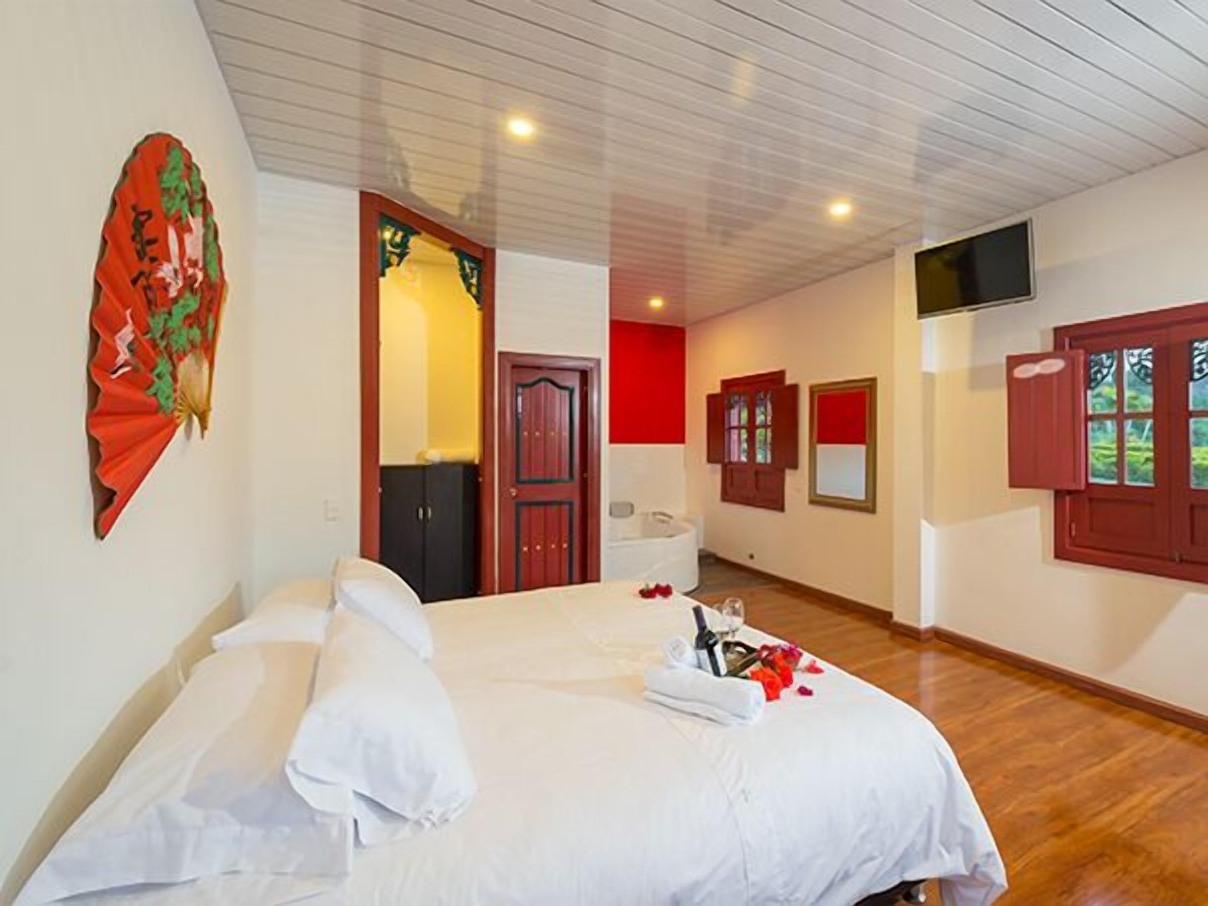 Une chambre à coucher avec un lit, un miroir, une télévision et une porte.