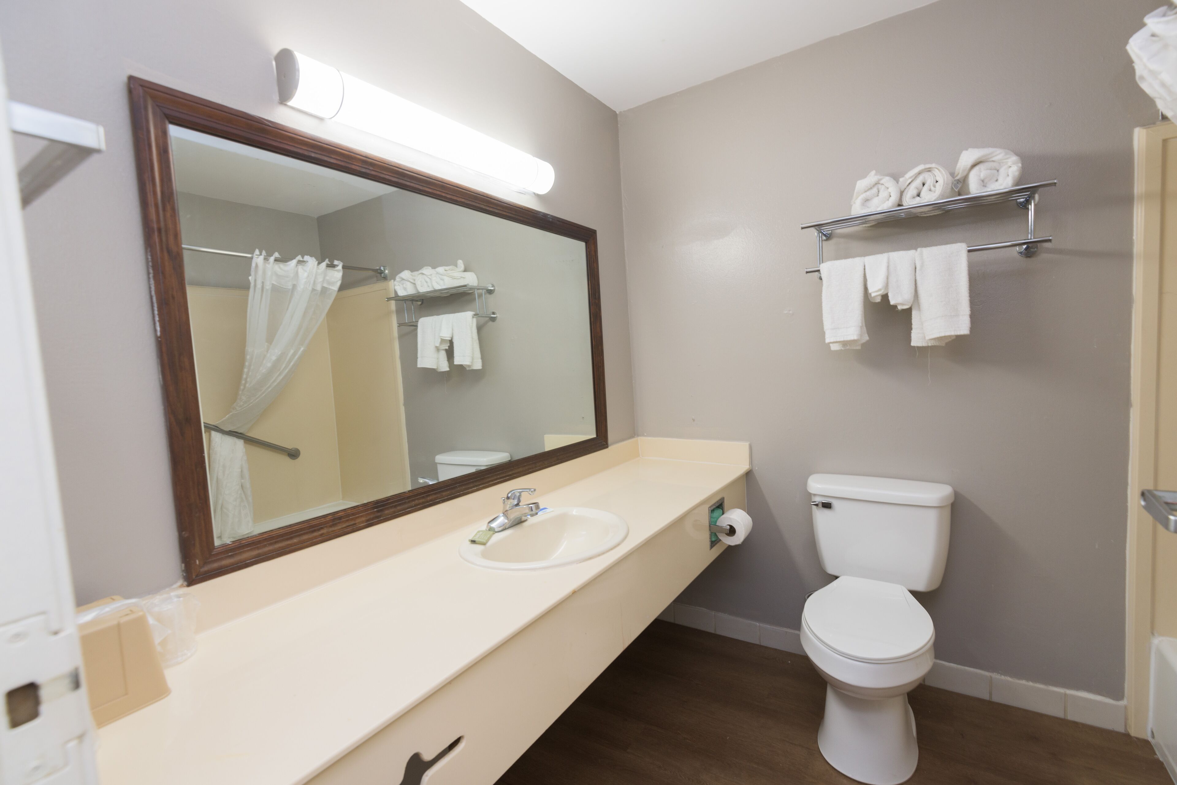 A bathroom with a sink, mirror, toilet, and towel rack.