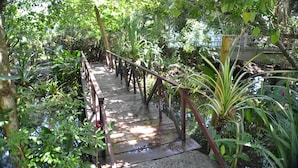 A wooden bridge in a lush garden with dense foliage and a water body. - Macaws Jaco Condos No.12 (Jaco)