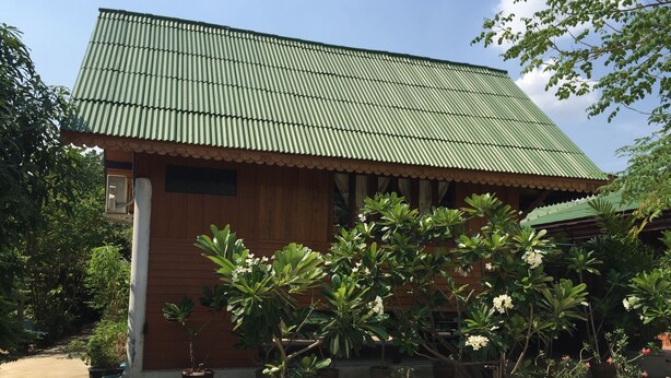 Un bâtiment en bois surmonté d’un toit en métal vert, entouré de plantes en pot et d’arbres.
