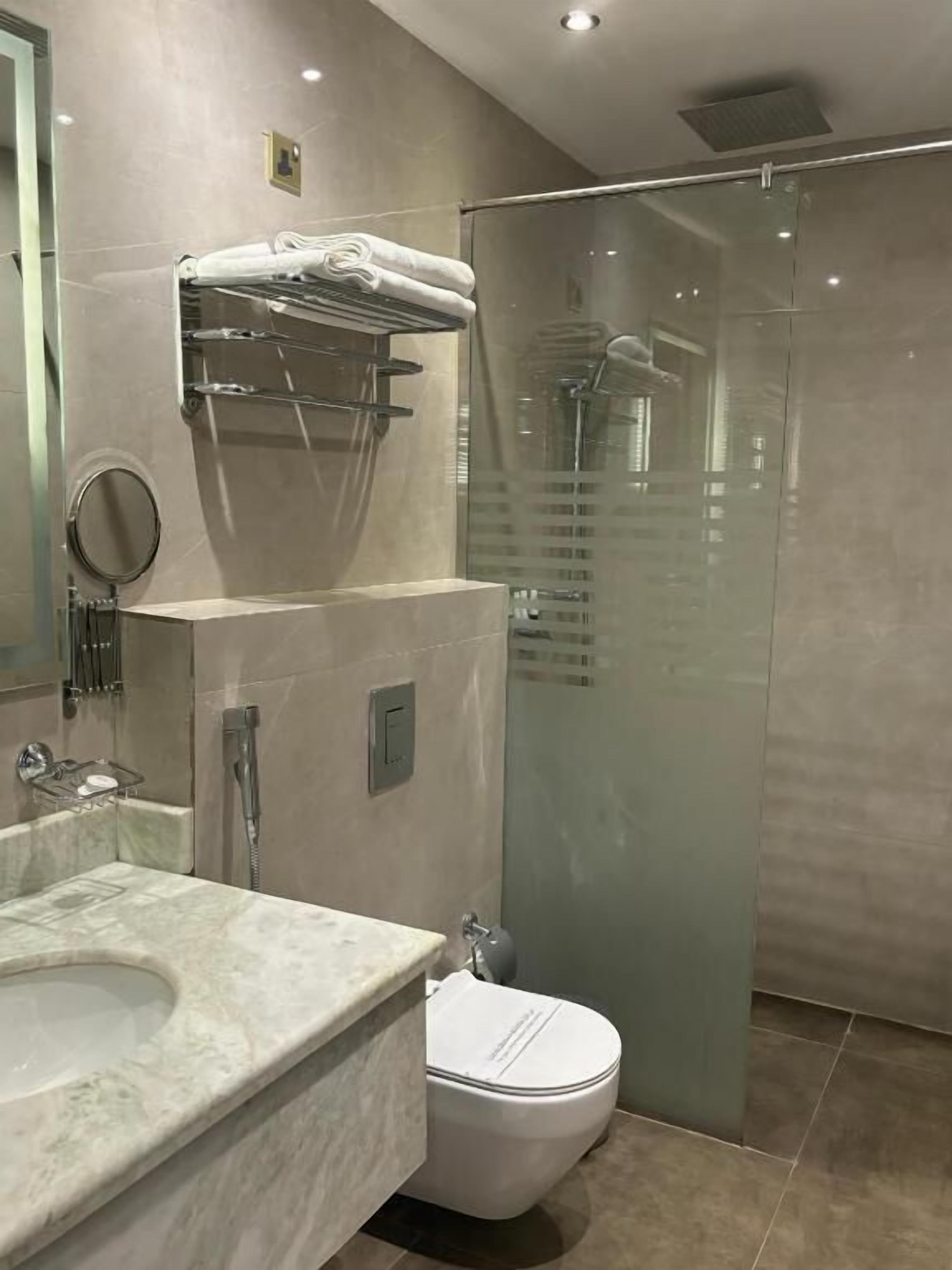 A modern bathroom with a marble sink, a glass shower enclosure, and a toilet.
