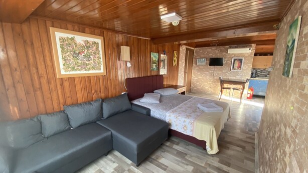 Une pièce chaleureuse comprenant un lit, un canapé, un plafond en bois et un coin cuisine visible à travers une porte ouverte.