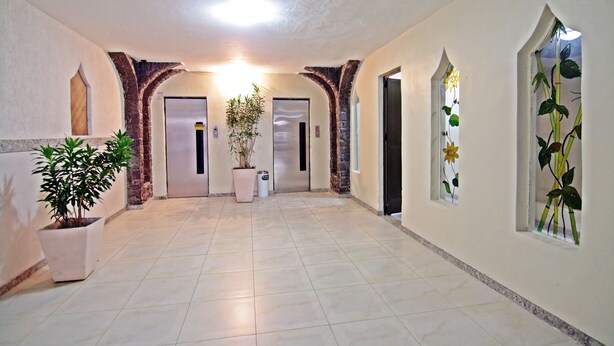 A hallway with tiled flooring, a potted plant, and a door with a frosted glass window. - Rio Spot Apartment C019 (Rio de Janeiro)