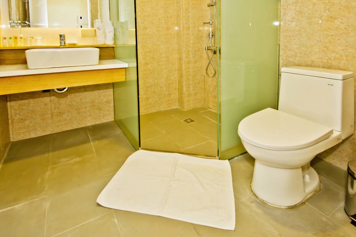 shower, rainfall showerhead, free toiletries, hair dryer