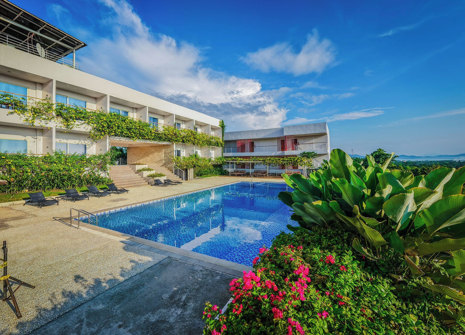 A hotel with a swimming pool, outdoor seating, and lush greenery.