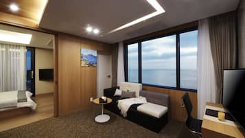 Desk, laptop workspace, blackout drapes, free WiFi