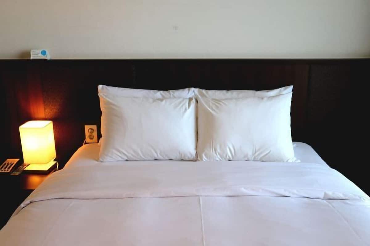 Desk, laptop workspace, blackout curtains, free WiFi