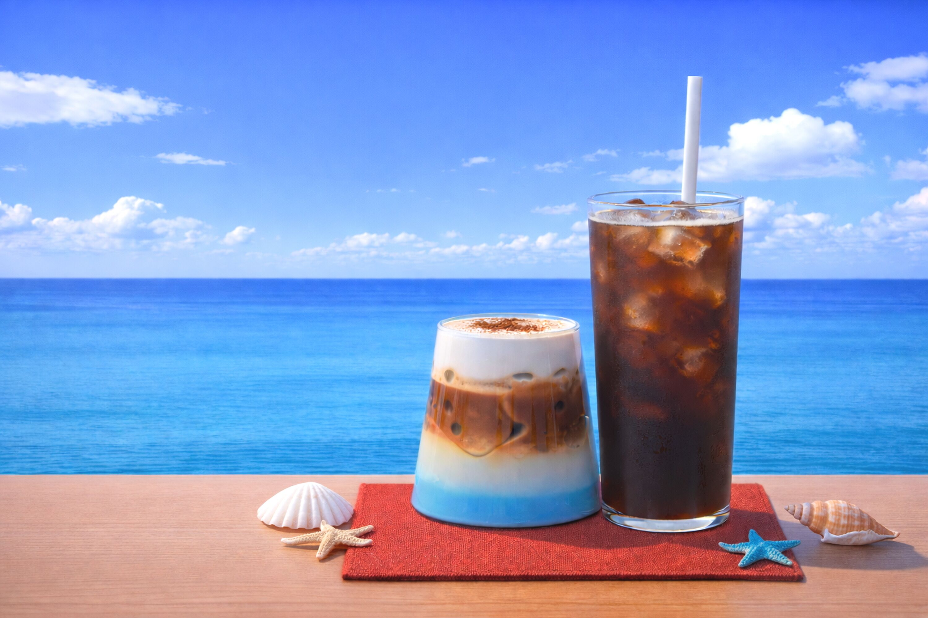 Dos bebidas sobre una mesa de madera con servilleta roja, estrellas de mar y conchas marinas.