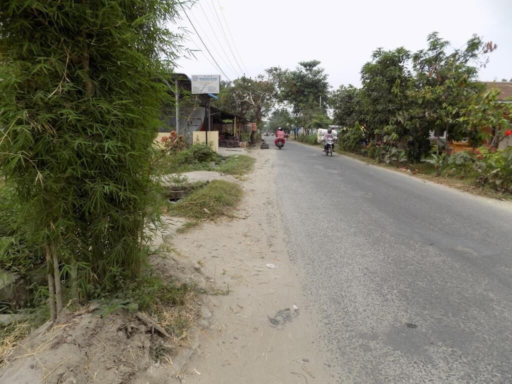 A rural road with a dirt shoulder and sparse vegetation.