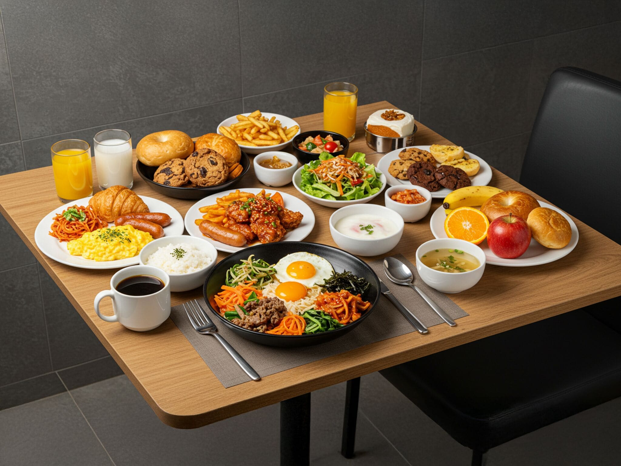 A dining table with various breakfast items including eggs, sausages, pastries, and fruits.