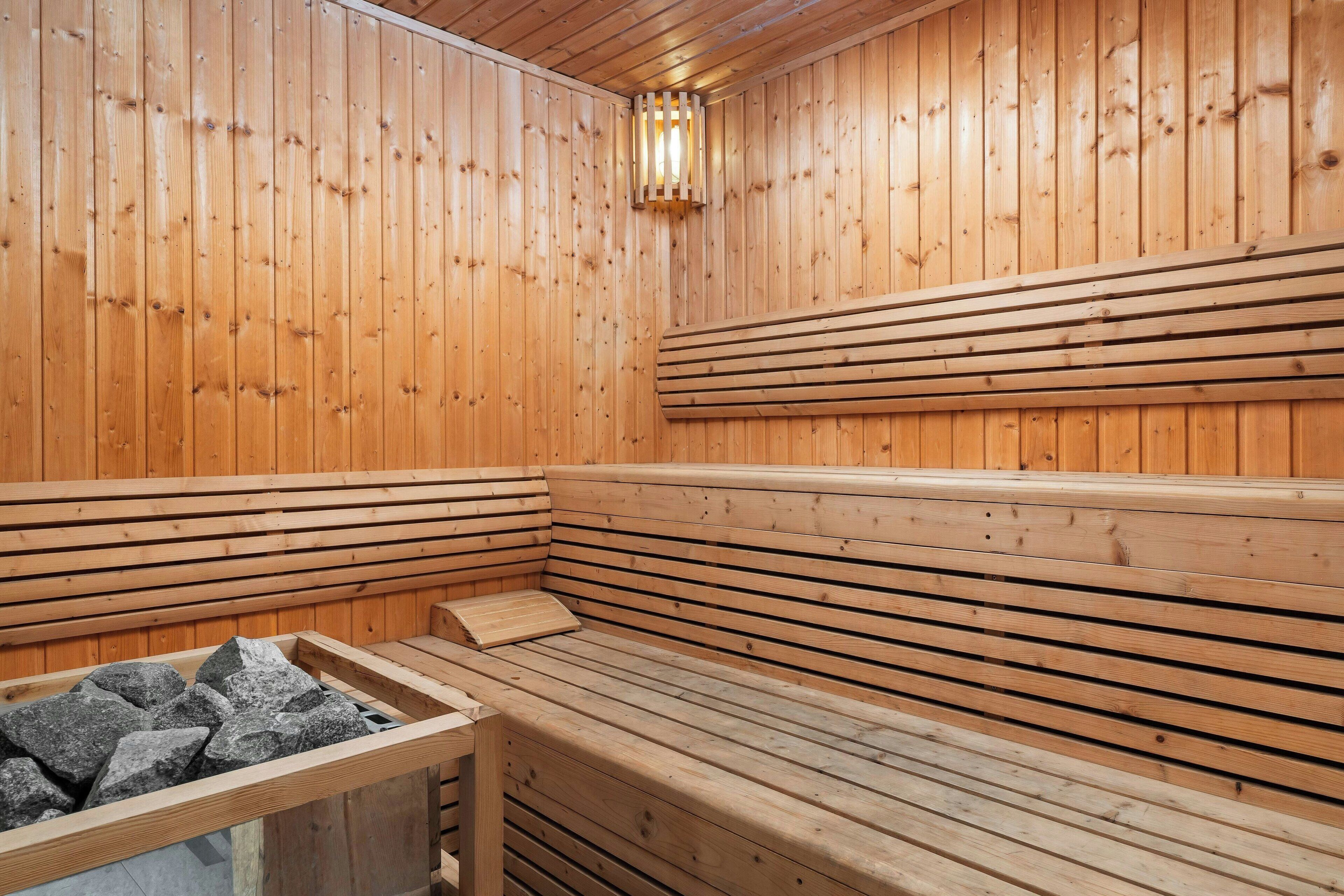 Eine Sauna mit Holzsitzen und einer Steinschaukel.