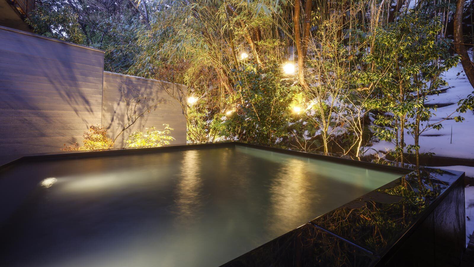 A swimming pool surrounded by trees and a concrete wall.