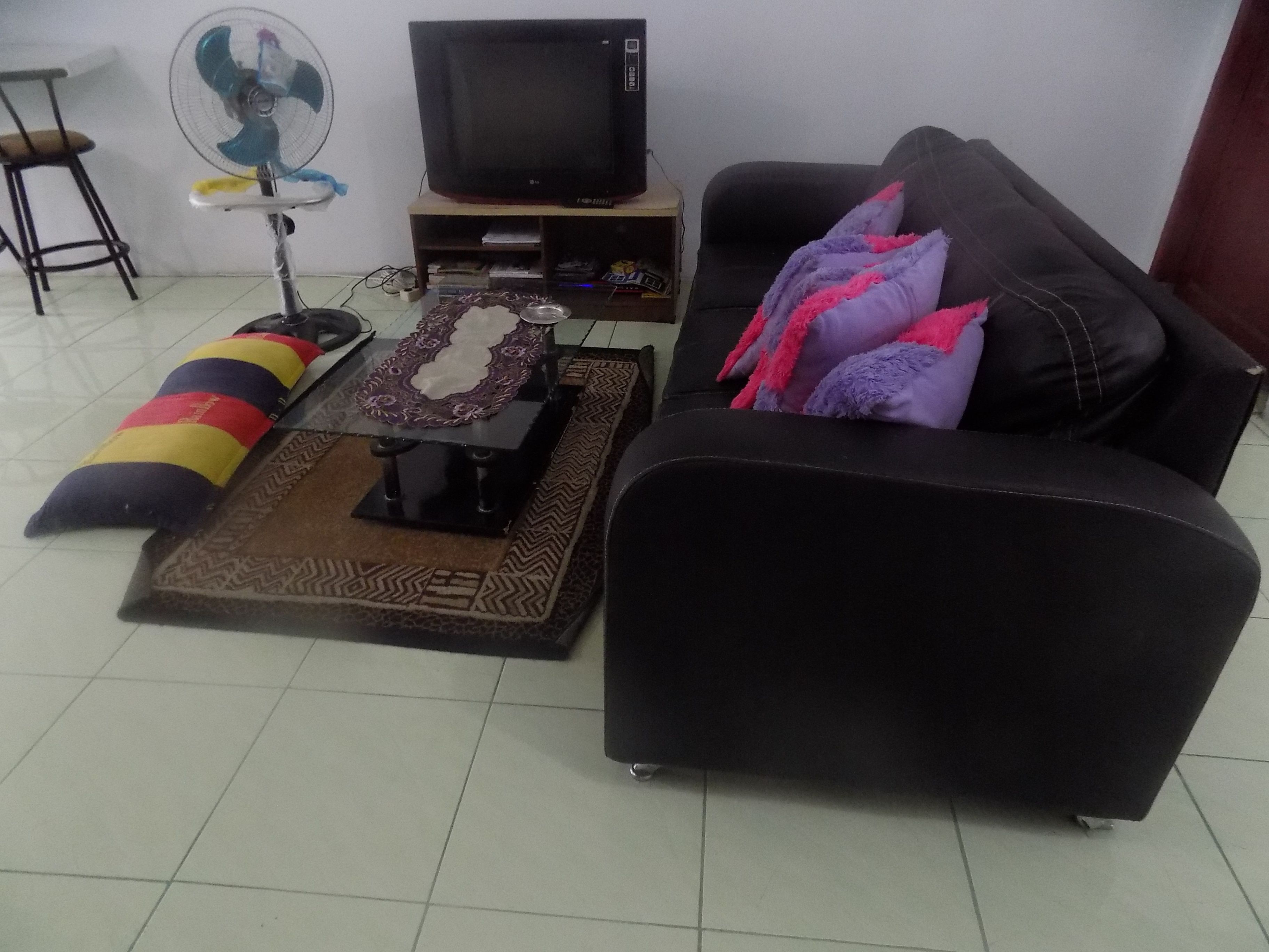 Un salon avec un canapé noir, une table basse, un téléviseur posé sur un meuble, un ventilateur et un tapis à motifs.