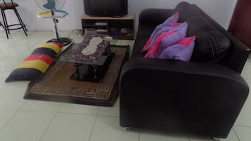 A living room with a black sofa, a coffee table, a TV on a stand, a fan, and a patterned rug.