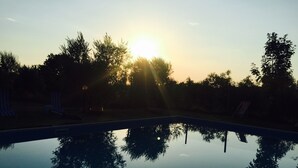 A swimming pool with a clear reflection of trees and a sunset in the background. - B&B Maremma Nel Tufo (Pitigliano)