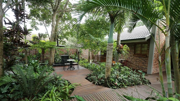 A patio area with a brick building, wooden deck, and various tropical plants.