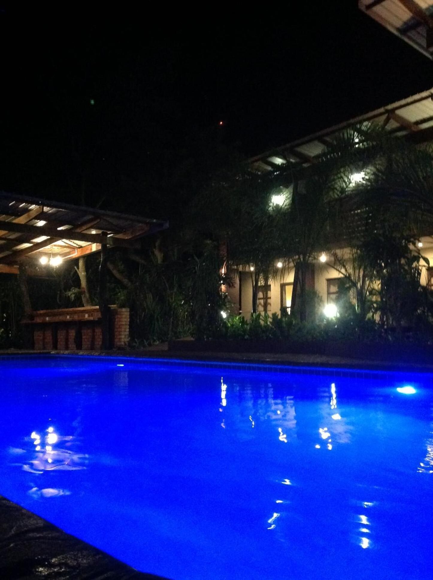 A nighttime swimming pool with clear water reflecting lights, surrounded by lush greenery and a building with a covered patio area.