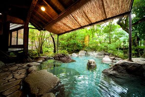 A traditional Japanese onsen with a stone pathway leading to a clear hot spring surrounded by rocks and greenery. - Yufuin Hoteiya (Yufu)