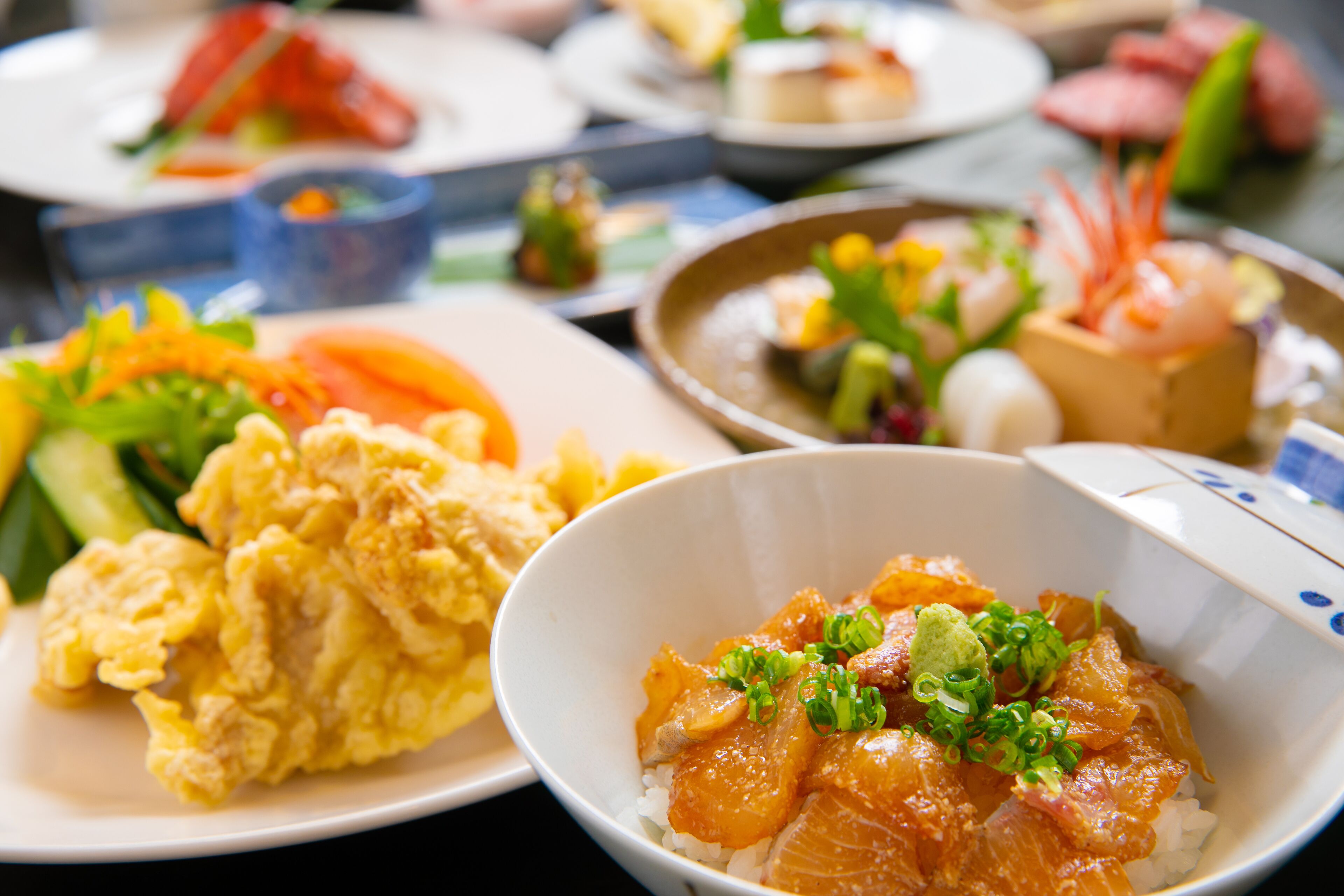 On peut y déguster une variété de plats, notamment des sashimis, des œufs brouillés et un bol de riz au saumon.