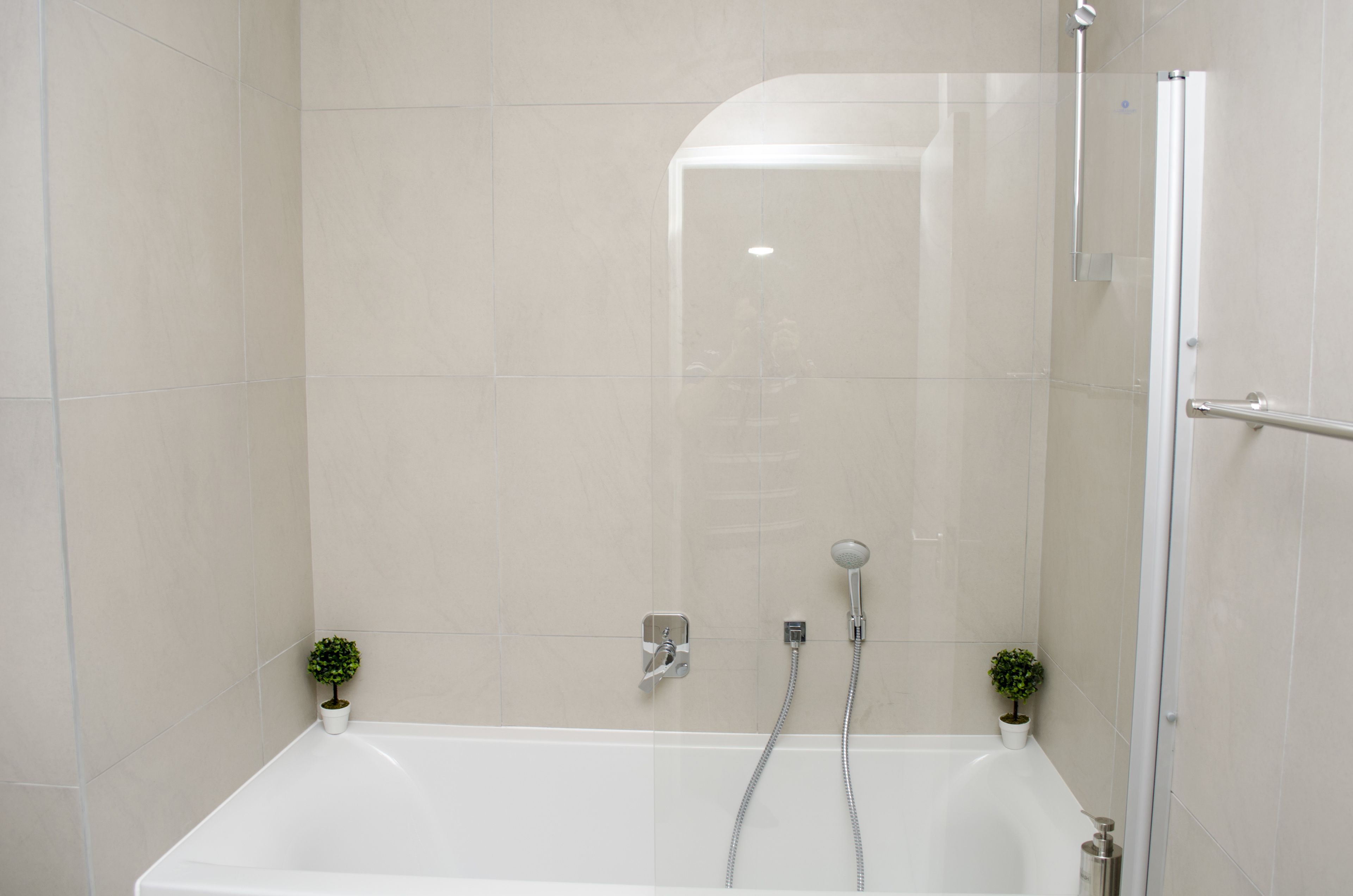 A modern bathroom with a glass-enclosed shower, a white bathtub, and two small potted plants.