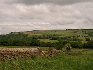 A rural landscape with rolling hills, a stone wall, and a wooden gate. - Padley Farm (Sheffield)