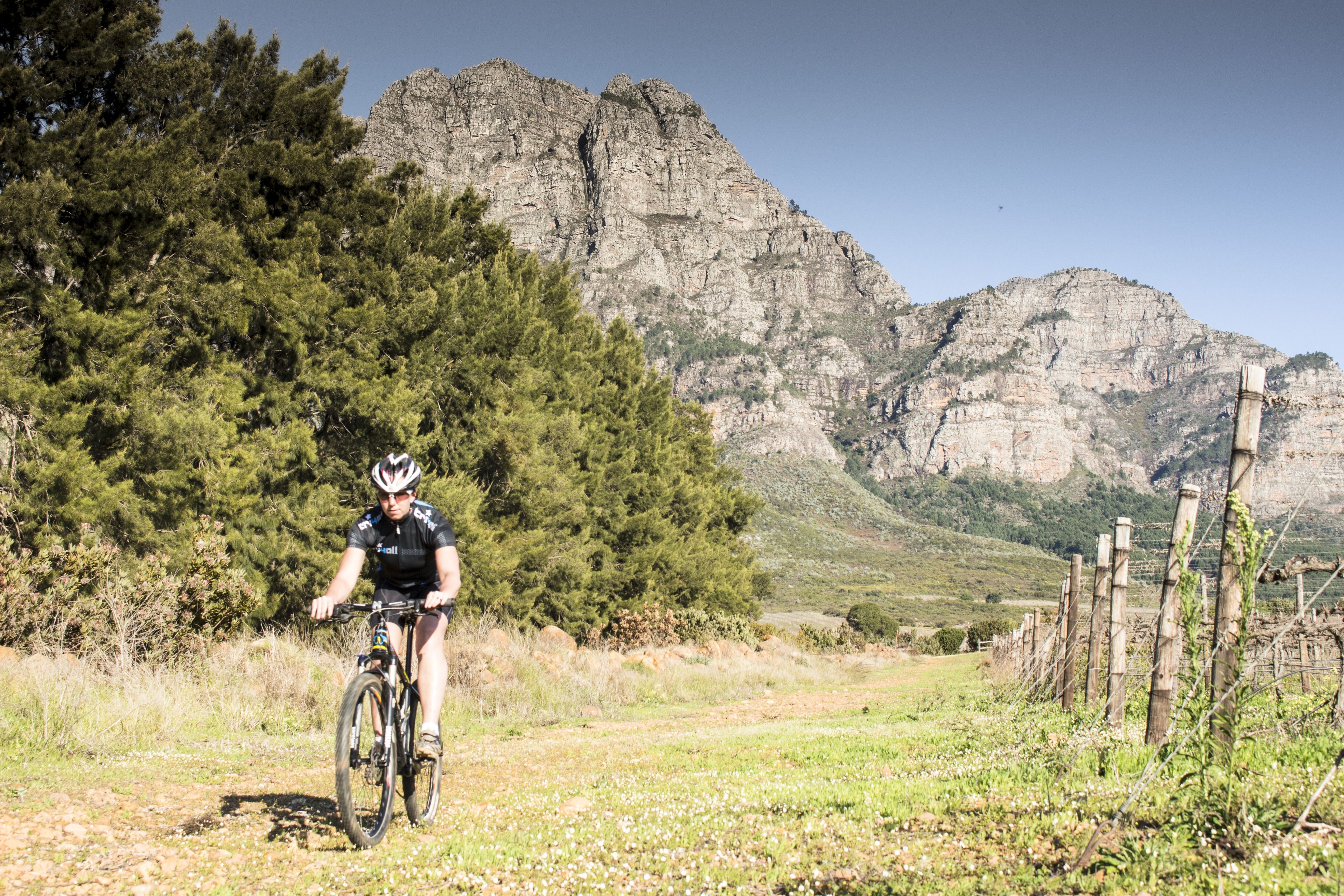 A mountain biker on a dirt path with a rocky mountain backdrop.