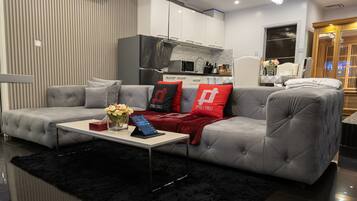 Luxury Loft, 2 Bedrooms, Private Pool | Living area | 49-inch LED TV with digital channels, TV, tablet